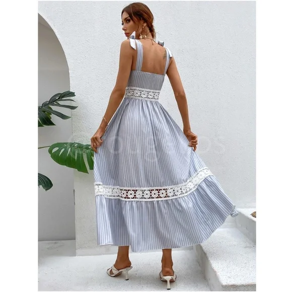 White Crochet Trim Striped Blue Maxi Dress Tie Straps Square Neck Flowy Flared - Picture 2 of 8